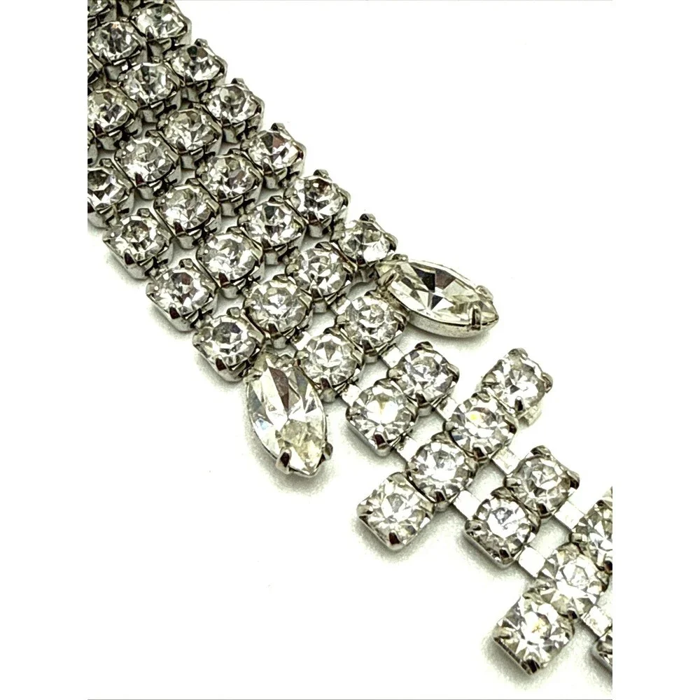 Vintage Clear Crystal Rhinestone Cocktail Bracelet Silver Tone Statement 7